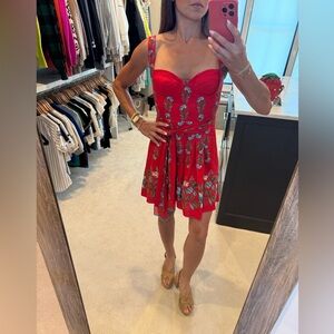Preowned Farm Rio Floral Red Dress with Belt Sash size Small.